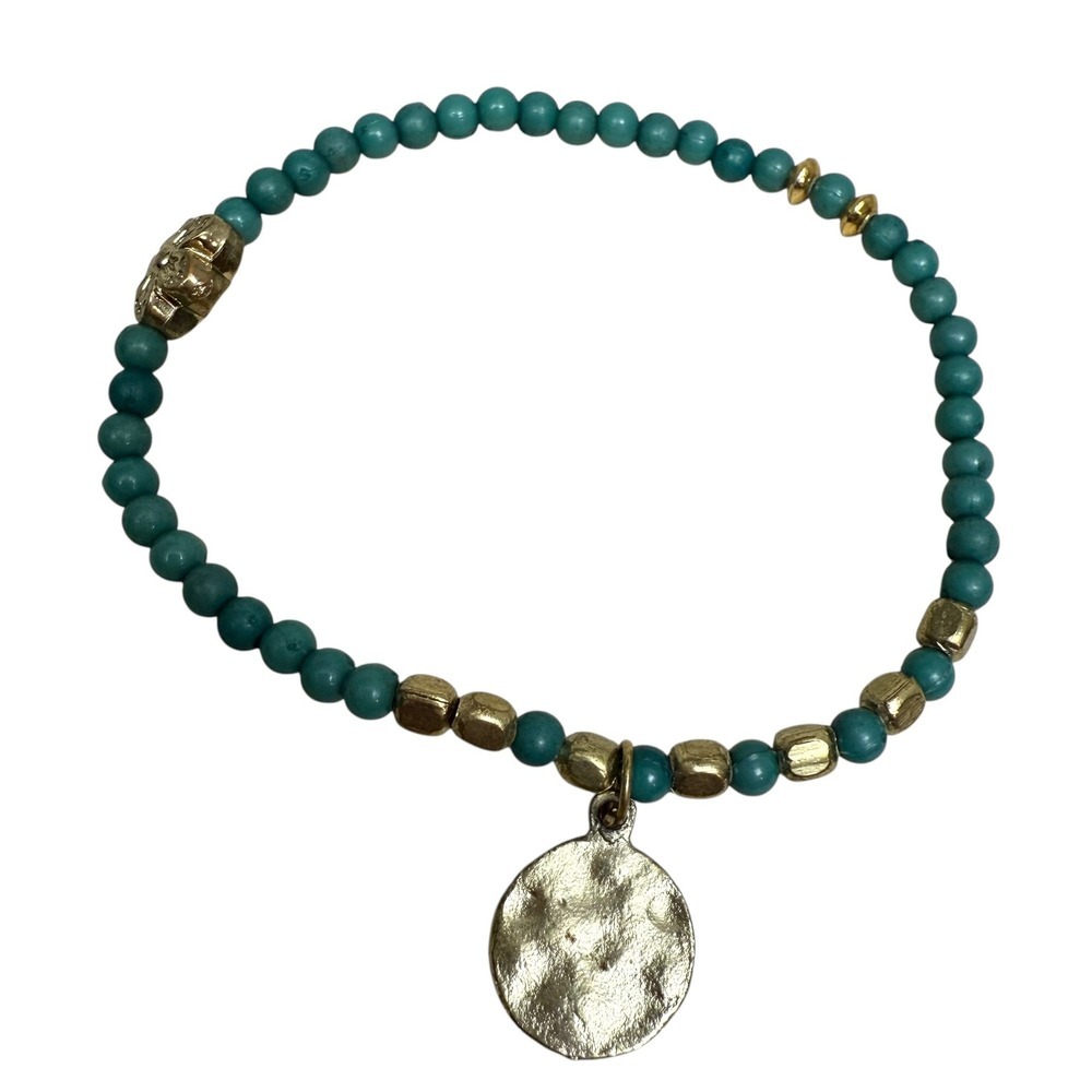 Beaded Bracelet Gold Tone Hammered Charm Bracelet Boho Stretchy Fashion Jewelry